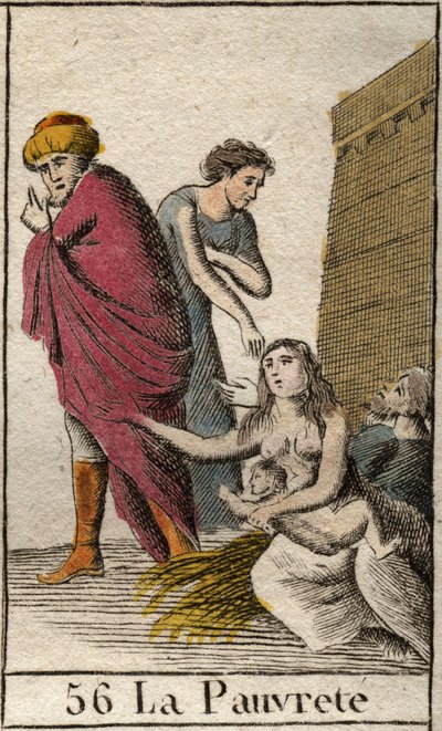 En representation av fattigdom, barfota och klädd i skärvor, sitter hon på halm. (Representation of Poorness, klädd med trasor, barfota, hon sitter på halm). Från "Mythology of Youth" av Pierre Blanchard 1803. av French School