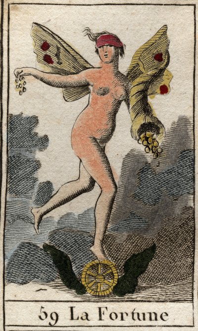 En representation av slumpens gudinna Fortune (Fortuna), hon avgör människors goda och onda, håller ett horn av överflöd och står på ett hjul. (Representation av Fortuna, lyckans gudinna, hon bestämmer över vad som händer med människor, hon ho av French School