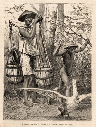 En invånare i Hatien (Vietnam) som bär hinkar och korg och ett barn som jagar en gås med en pinne, graverar efter en teckning av Robin som illustrerar resan till Cochinchine, av doktor Morice, 1872, publicerad i "" Le tour du monde"" ” 1875, redigerad av E av French School