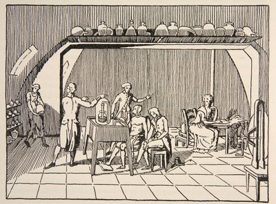 Ett andningsexperiment i Lavoisiers laboratorium, kopia av Boris Mestchersky (d.1957) illustration från Histoire de la Nation Francaise, Sciences, Volym I & II, av Gabriel Hanotaux (1853-1944) av French School
