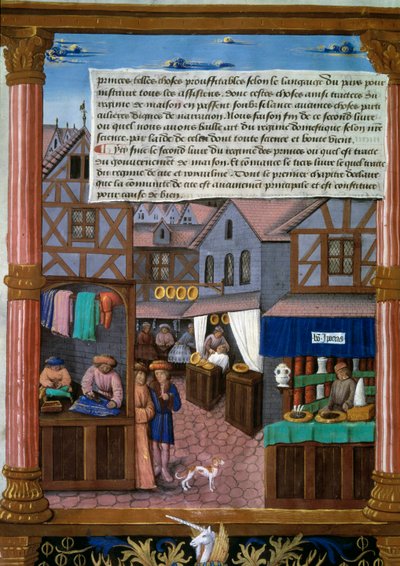 En rue de Paris med ekko från början av 1500-talet Manuskriptsida hämtad från "Livre du Gouvernement des Princes" "av Romain Gilles (1500-talet) Paris, Bibliotheque de l