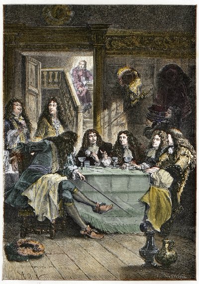 En salong (Cabaret) som sammanför de franska författarna Jean de La Fontaine (1621-1695), Nicolas Boileau-Despreaux (Boileau Despreaux) (1636-1711), dramatikern Jean Baptiste Poquelin dit Moliere (1622-1673) och poeten Jean Racine ( 1639-1699) - Fontänen,  av French School