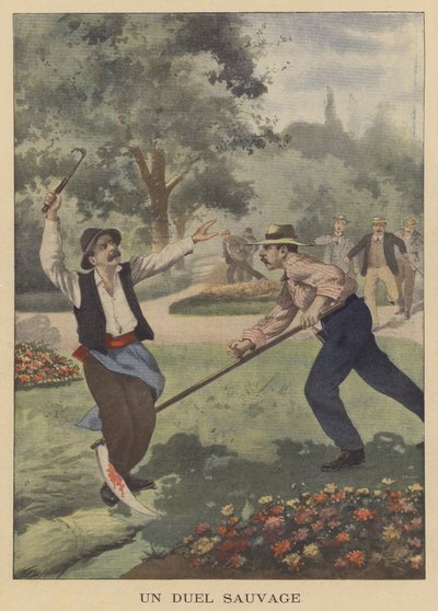 En vild duell (färglitografi) av French School