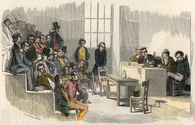 En seans av aggregationstävlingen på Sorbonne i Paris på 1800-talet - Gravyr i "" Tableau-de-Paris"" av Edmond Texier 1852 av French School