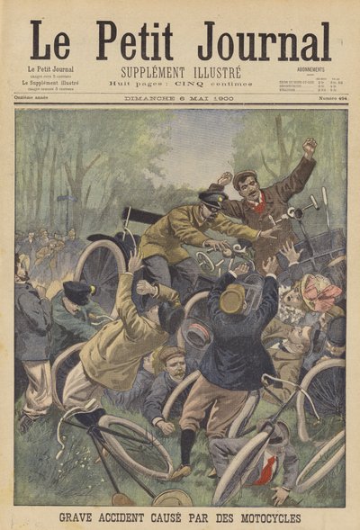 En allvarlig olycka orsakad av motorcyklar (färg litho) av French School