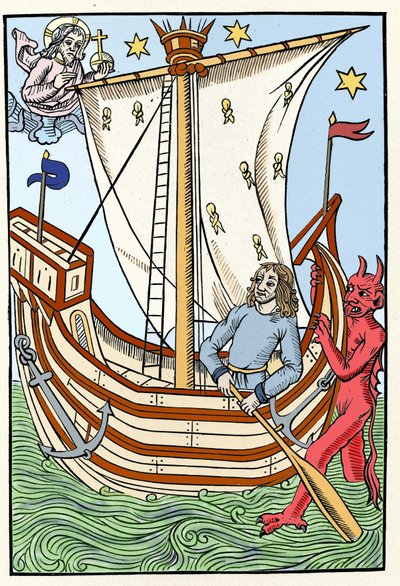 Ett skepp bland havets faror. En demon har gripit tag i fören medan Gud manifesterar sig till vänster. Gravyr från "Herdarnas stora kalender och kompost", Troyes 1491 av French School