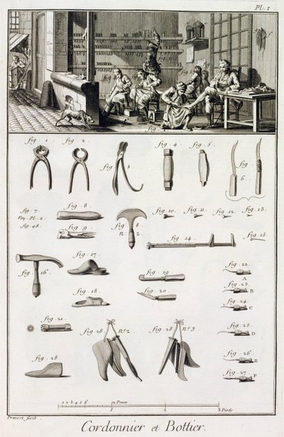En sko- och stövelmakare och deras verktyg, från Encyclopedie des Sciences et Metiers av Denis Diderot (1713-84) publicerad ca 1770 av French School