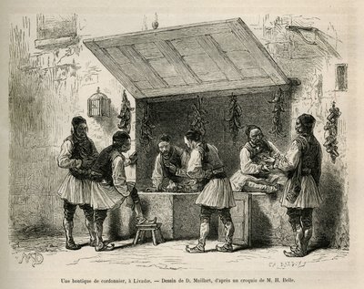En skomakarbutik och hans kundkrets, i Livadie, teckning av D. Maillard, för att illustrera historien om Henri Belle: Voyage en Greece av French School