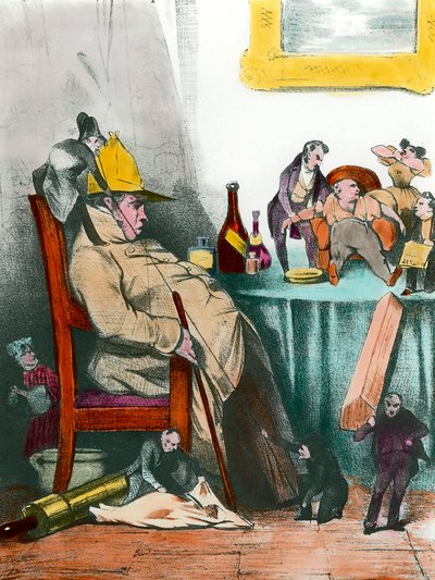 En sittande hypokondriker som tänker på sin nästa död Illustration till stycket "Le malade imaginaire"" av Jean Baptiste Poquelin dit Moliere (1622-1673) Privatsamling från 1800-talet av French School