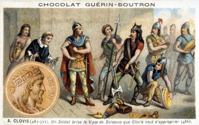 En soldat slår sönder Soissons-vasen som Clovis vill äga, 486 av French School