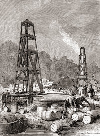 En petroleumkälla vid Oil Creek på Allegheny River, Pennsylvania, U.S.A. 1858, upptäckt av Edwin Laurentine Drake, alias överste Drake, från 