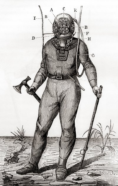 En standard dykardräkt patenterad av Joseph-Martin Cabirol 1855, från 