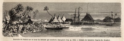 En sockerfabrik i Paklat, vid armen av Menam, Thailands huvudflod, ritad av Sabatier, för att illustrera Henri Mouhots resa till kungadömena Siam, Kambodja och Laos från 1858 till 1861. Gravyr i "" Le tour du monde" ”, redigerad av Edouard Charto av French School