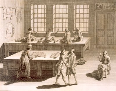 En skräddarverkstad från Encyclopedie des Sciences et Metiers av Denis Diderot (1713-84) publicerad ca 1770 av French School