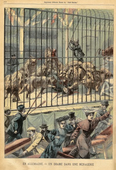 En tämjare blir uppslukt av sina lejon i ett menageri i Dessau, Tyskland. Gravyr i "" Le Petite Parisien"", den 27/12/1903. av French School