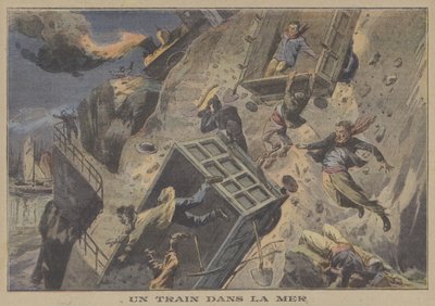 Ett tåg som faller i havet (färg litho) av French School