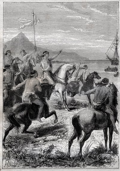 En trupp män till häst bar en vit flagga: viceamiral John Byron (1723-1786) mottagen av infödingarna i Cape des Virgins, vid den östra mynningen av Magellans Detroit 1764 - illustration från "The Great Mariners of the 18th century ”” av French School