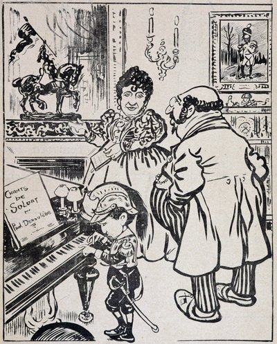 En begagnad brons, karikatyr med slagskepp, noter för Deroulede på piano och statyett av Jeanne d