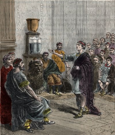 En vattenklocka eller clepsydra i Aten - Antikens Grekland - la clepsydre a Athenes - Gravyr i "" Vetenskaper placerade vid dörren till allt - fysik och kemi" av Alexis Clerc - Slutet av 1800-talet - Privat samling av French School