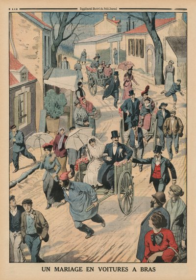Ett bröllop på handkärror, illustration på baksidan från Le Petit Journal, bilaga illustre, 5 april 1914 av French School
