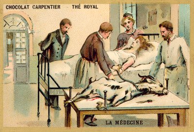 En kvinna som får en blodtransfusion från en get (chromolitho) av French School