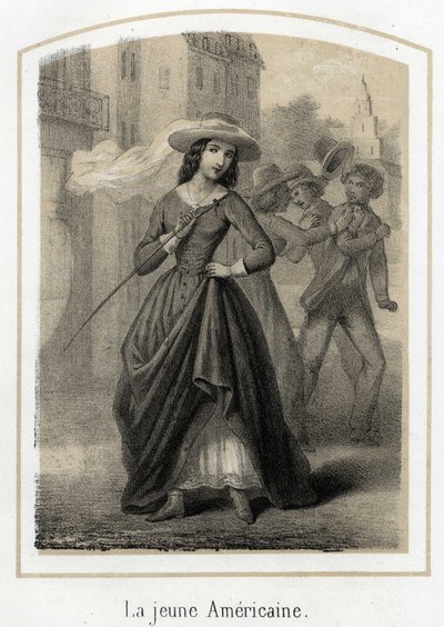 En ung amerikansk kvinna orsakar slagsmål mellan sina pretendanter. Anonym gravyr från 1800-talet av French School