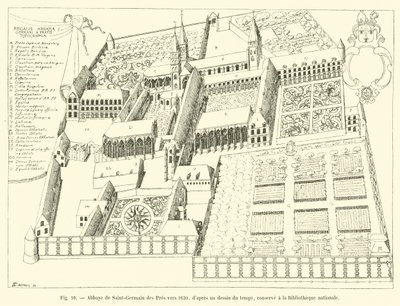 Abbey of Saint-Germain des Pres omkring 1630, från en teckning från tiden, förvarad på Nationalbiblioteket av French School