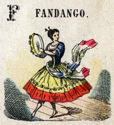 Abecedary. Bokstaven F som Fandango. Litet encyklopediskt alfabet, populär serie. Epinal avbildning, sent 1800-tal av French School