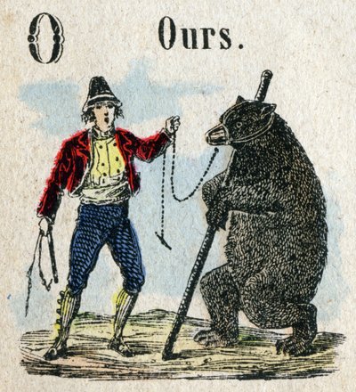 Abecedary. Bokstaven O som en björnklocka. Litet encyklopediskt alfabet, populär serie. Epinal avbildning, sent 1800-tal av French School