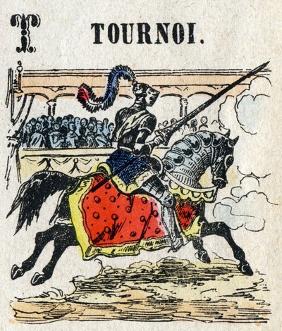 Abecedary. Bokstaven T som turnering. Litet encyklopediskt alfabet, populär serie. Epinal avbildning, sent 1800-tal av French School