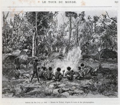 Aboriginer under överinseende av en bosättare, runt elden - i "Tour du Monde"" av French School
