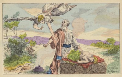 Abrahams offer av Isak (färg litho) av French School