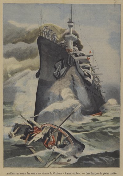 Oavsiktlig förlisning av en fiskebåt av den franska pansarkryssaren Admiral Aube under hastighetsprov (färg litho) av French School