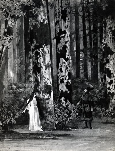 Akt I, Scen 1 av Pelleas et Melisande av Debussy, från ett fotografi av den första produktionen i april 1902 av operan på Opera-Comique i Paris, illustration i Theatre magazine, juni 1902 (li av French School