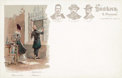 Akt ett, La Boheme (färg litho) av French School