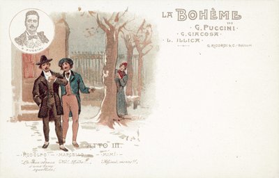 Tredje akten, La Boheme (färg litho) av French School