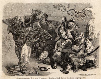 Skådespelare och dansare från Mikados hov i scenkostym. Gravyr för att illustrera resan till Japan 1863-1864, av Aime Humbert, minister i Schweiziska edsförbundet, i "Le tour du monde, nouveau journal des voyages", utgiven under ledning av Ed av French School