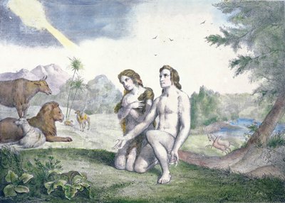 Adam och Eva i Edens lustgård, sent 1800-tal (färgstick) av French School