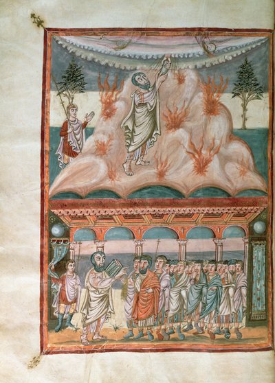 Lägg till 10546 f.25b Moses tar emot och sänder Guds lag på berget Sinai, från Moutier-Grandval Bibeln, upplyst i den karolingiska klostret St. Martin, Tours, ca 834-843 (vellum) av French School