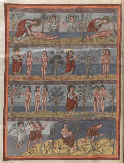 Lägg till. 10546, f.5v Skapelsen av Adam och Eva (vellum) av French School