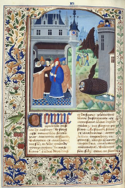Lägg till. 11696, f.136v Boccaccio observerar tortyr, från 
