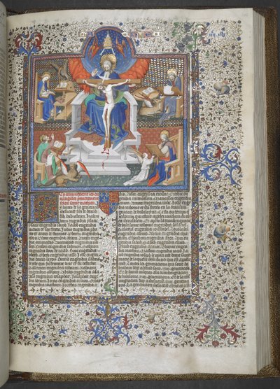 Lägg till 18857, f.148 Treenigheten och de fyra evangelisterna (vellum) av French School
