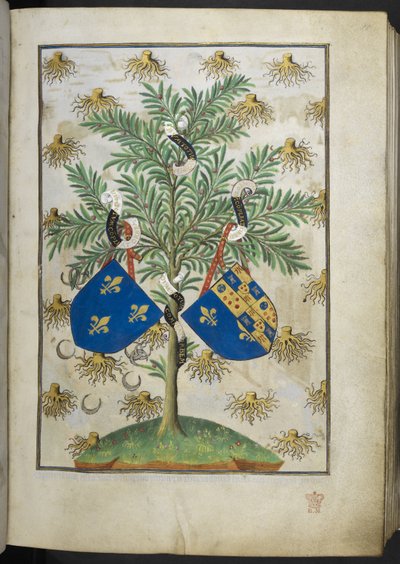 Lägg till sidan Ms 18850 f.15r Armorial, från Book of Hours (The Bedford Hours) c.1410-30 (bläck, färg och guld på veläng) av French School