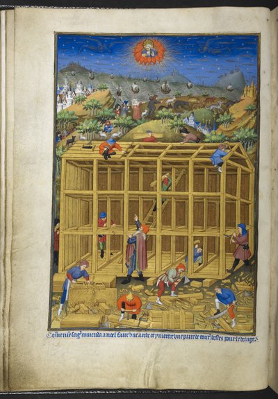 Lägg till Ms 18850 f.15v, The building of Noah’s Ark, från Time Book (The Bedford Hours) c.1410-30 (bläck, färg & guld på veläng) av French School