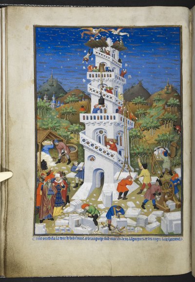 Lägg till Ms 18850 f.17v Building of the Tower of Babel, från Book of Hours (The Bedford Hours) c.1410-30 (bläck, färg & guld på veläng) av French School