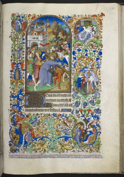Lägg till Ms 18850 f.235r, Hours of the Passion [Sext], Kristus bär korset, från Book of Hours (The Bedford Hours) c.1410-30 (bläck, färg & guld på veläng) av French School