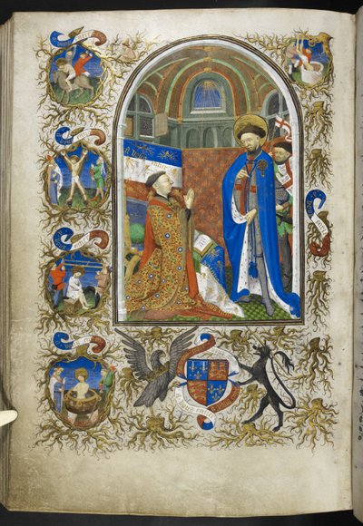 Lägg till Ms 18850 f.256v, Duke of Bedford before St George, från Book of Hours (The Bedford Hours) c.1410-30 (bläck, färg & guld på veläng) av French School