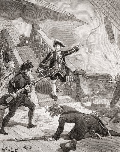 Amiral Suffren i Indiska oceanen under sitt fälttåg mot engelsmännen på 1700-talet, ur "Histoire de France", publicerad ca 1880 (gravyr) av French School