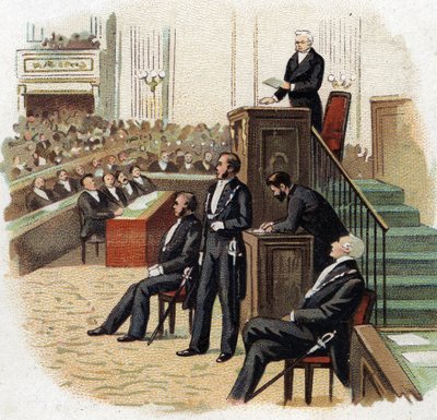 Adolphe Thiers (1797-1877), republikens president vid nationalförsamlingens podium 1872 - Chromolithography (Chromo) från början av 1900-talet. av French School