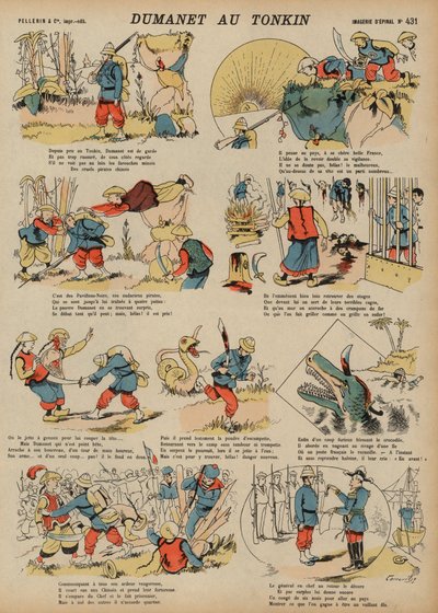 Äventyr av Dumanet, en fransk soldat, i Tonkin (färgad gravyr) av French School